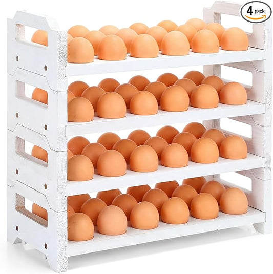 4 Tier Wooden Egg Holder for Countertop, Stackable Fresh Egg Storage Farmhouse Collecting Rack for Gathering Kitchen Organizer Duck Eggs Display, Stackable with 72 Eggs (White,Pine)