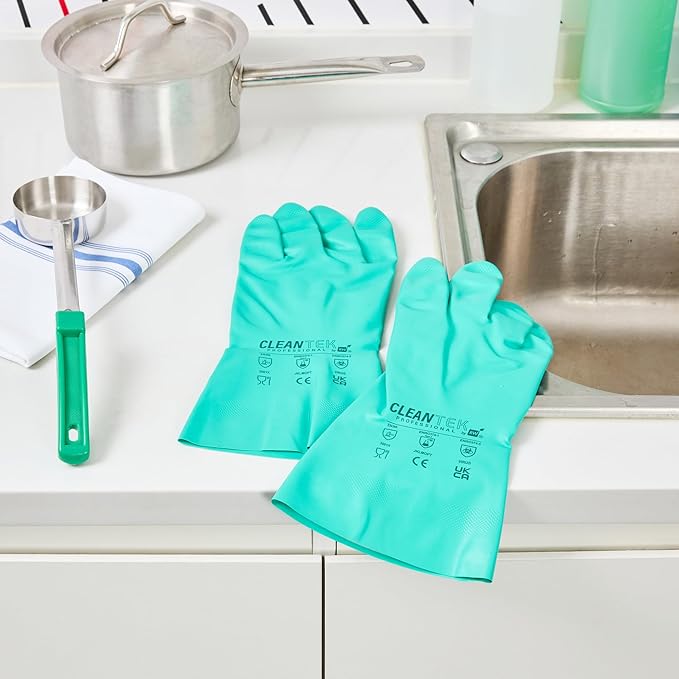Green Cleaning Gloves 10 Pairs 15 Mil Thick XXL Heavy-Duty Nitrile Gloves With Long Cuff No-Latex Flock Lining For Use In Hospitals, Laboratories, Kitchens and Households
