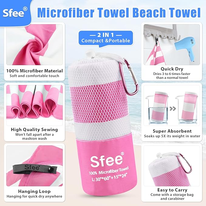 2 in 1 Microfiber Oversized Beach Towel, Quick Dry Towel Travel Towel Camping Towel Super Absorbent Compact Lightweight Sports Gym Towels for Beach,Gym, Hiking, Pool, Backpacking, Bath, Yoga