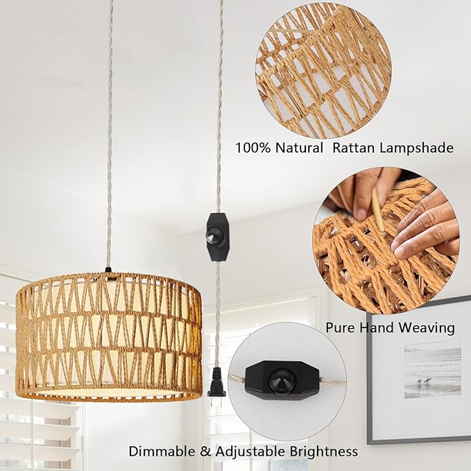HuisMier Plug in Pendant Light Rattan Hanging Lamp 15 Ft Boho Hanging Lights with Rattan Woven & Fabric 2 in 1 Shade, Dimmable Plug in Pendant Light for Living Room Bedroom Dining Room