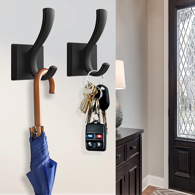 Black Towel Hooks, Coat Robe Hooks Bathroom Entryway Mudroom Pool Hooks for Wall Mount Hanging Towels Bathrobe Key Hat Backpack (2 Pack, Black)