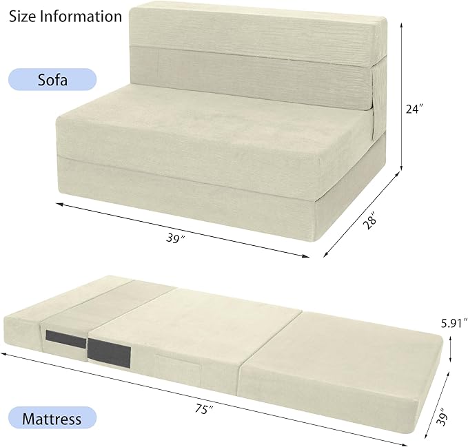 Sofa Bed Foldable Mattress ，Folding Sleeper Sofa Chair Bed Floor Mattress with Pillow for Living Room Home Office (Off White- Corduroy, Twin)