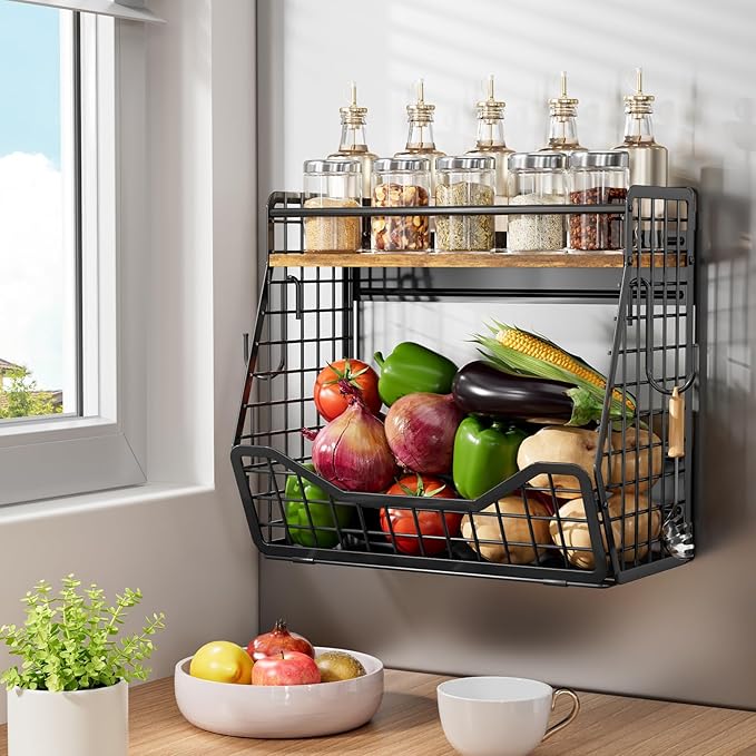 Strong Magnetic Shelf for Fridge 2-in-1 Magnetic Spice Rack for Refrigerator with Wood Top, Extra-Wide Heavy Duty Rust-Proof Fridge Organizer Basket for Potato Onion Fruit Kitchen Pantry Storage-1pcs