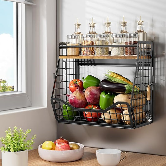 Strong Magnetic Shelf for Fridge 2-in-1 Magnetic Spice Rack for Refrigerator with Wood Top, Extra-Wide Heavy Duty Rust-Proof Fridge Organizer Basket for Potato Onion Fruit Kitchen Pantry Storage-1pcs