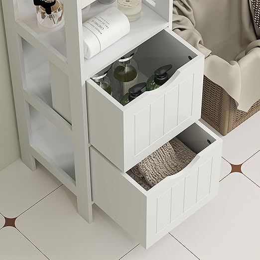 HOMCOM Narrow Bathroom Storage Cabinet, Bathroom Floor Cabinet with 2 Drawers & 3 Open Shelves, Freestanding Slim Storage Organizer for Small Spaces, White