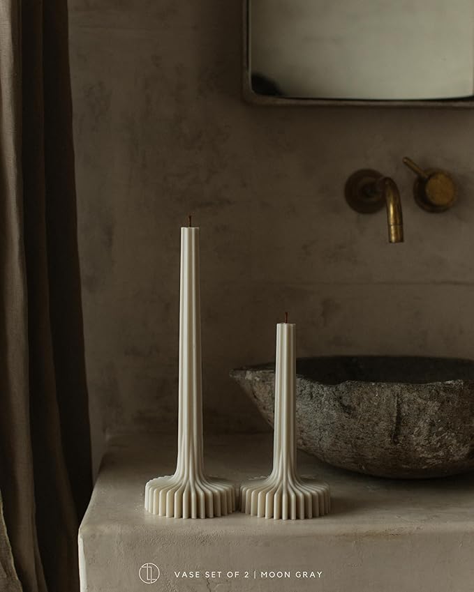 LAWA Set of 2 Vase Candle - Beautiful Handmade Pillar Unscented Soy Wax Elegant Aesthetic Candle Housewarming Gift Home Room Shelf Decor Idea Moon Gray