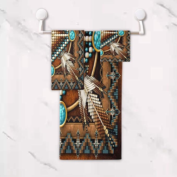 Southwetern Native American Style Bath Towels Set,Absorbent Soft 3 Piece Western Tribal Navajo Aztec Towels for Bathroom,1 Bath Towel 1 Hand Towel 1 Washcloth,Decoractive Guest Bathroom Towels