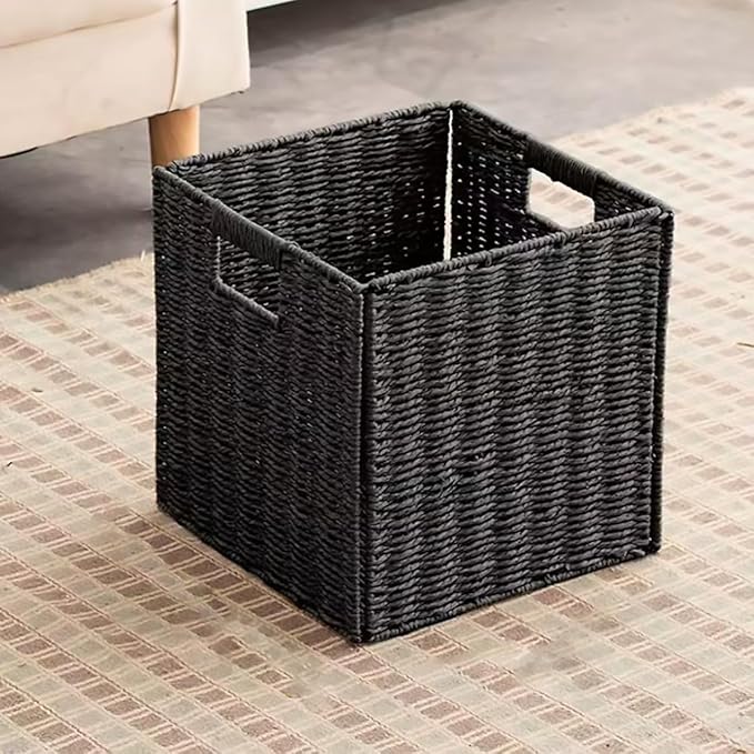 10.5x10.5in Storage Basket, 1 Pack Black Paper Rope Woven Baskets,Foldable Handwoven Storage Cubes,Wicker Cube Baskets Laundry Organizer Totes for Bathroom, Bedroom, Laundry, Pantry, Shelves