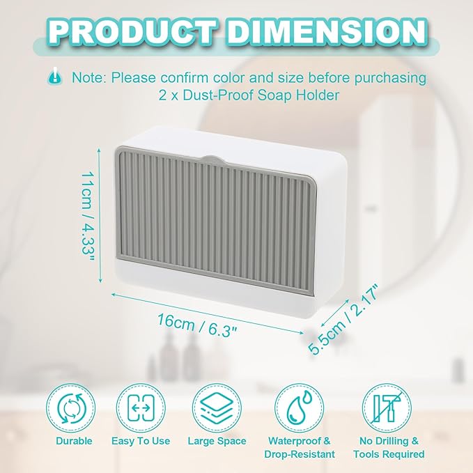 uxcell 2 Pack Dust-Proof Soap Holder, Wall Mounted Soap Dish for Shower Wall No-Drill Adhesive Shower Bar Soap Holder for Bathroom(Gray, 6.3 x 4.33 Inches)