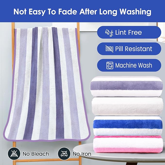 Microfiber Bath Towels, Bath Towel 2 Pack 30" x 60", Oversized, Soft, Super Absorbent and Fast Drying, Multipurpose Bathroom Towel Set for Sport, Fitness, Yoga, Coral Fleece Stripe Purple
