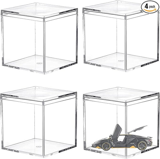 Large Acrylic Box with Lid 4 Pieces Clear Display Box Plastic Square Cube Wedding Candy Box Jewelry Collectibles Storage Containers Valentine's Day Decorative Boxes 4x4x4Inch