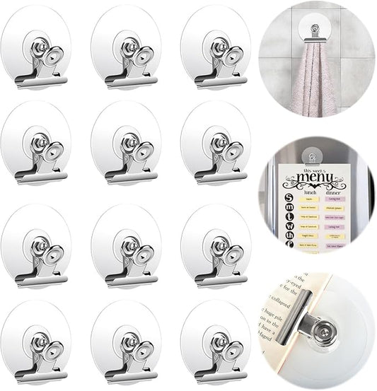 Self Adhesive Metal Clips, 12 Pcs Upgrade Strong self-Adhesive Clips for Hanging and Organization, Spring Clip for Paper Poster Tapestry Photo Wall Teacher Student Home Kitchen Office, Silver