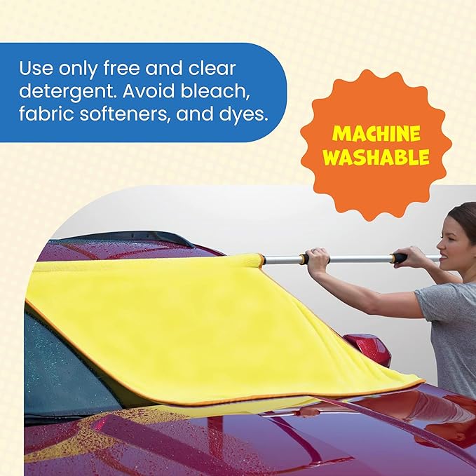 ShamPow XL 38"x 34" Car Drying Towel with Pole, Streak Free, Lint Free, Reusable - Car Accessories, Bath Towels, Microfiber Cleaning Cloth for Car, Truck, SUV - One Pass is All You Need