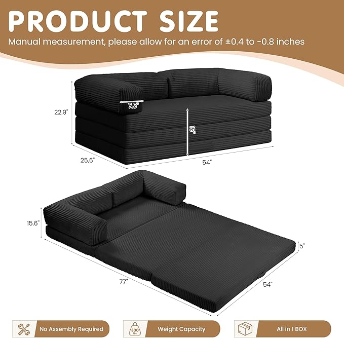 Convertible Sofa Bed Full,5-in-1 Tri-Fold Boneless Couch with Removable Armrests & Handle,Corduroy Futon Sleeper Sofa,Floor Folding Mattress Pull Out Bed for Small Space Apartment Living Room Bedroom