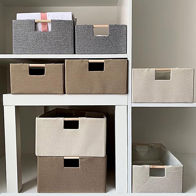 ANMINY 4PCS Storage Baskets for Organizing Collapsible Fabric Storage Bins Boxes with Wood Handles Closet Shelves Cube Organizer Bins Clothes Laundry Storage Container - Large, Beige