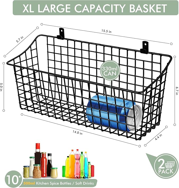 Large Wall Hanging Baskets - 2 Set Rustproof Rubber Coating Wall Shelving Organizers - Metal Wire Basket Storage No Drill Adhesive Wall Mount for Shower Kitchen Laundry Pantry Cabinet RV (Black)