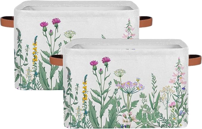 Pardick 2Pack Herbs and Wild Flowers Large Collapsible Storage Bins,Colorful Floral Decorative Canvas Fabric Storage Boxes Organizer,Rectangular Shelves Baskets Box for Home Office Nursery Closet