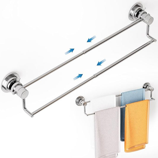 Suction Cup Double Towel Bar Adjustable 13"-25", Bath Sheet Rack Stainless Steel for Glass Shower, Powerful Vacuum Towel Holder for Bathroom, Kitchen, RV, and Renters