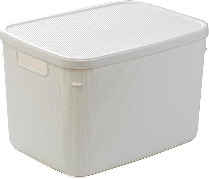 BINO | Plastic Storage Bins with Lids, 20 Liter - 3 Pack, White | THE TWILL COLLECTION | Plastic Bins for Organization | Woven Storage Baskets for Organizing | Pantry Shelf Organizer Basket Bin