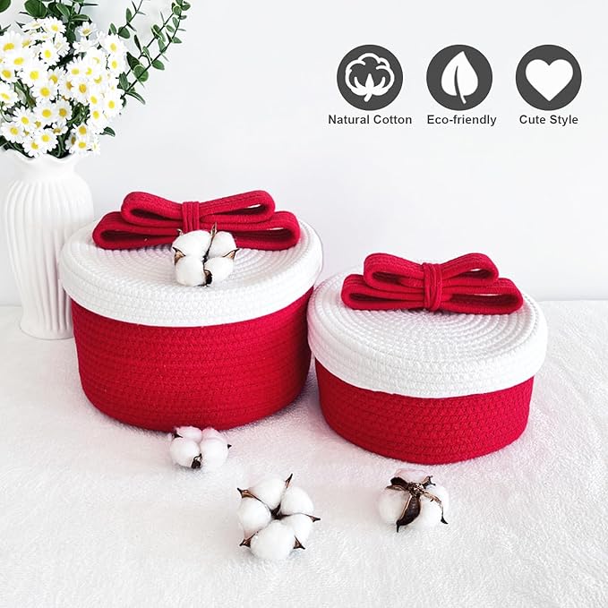Small Storage Baskets with Lids, Round Woven Rope Basket with Lid; Cute Storage Box for Toy, Gift or Home Decor; Small Decorative Bin with Chic Bow Handle Design (Red)