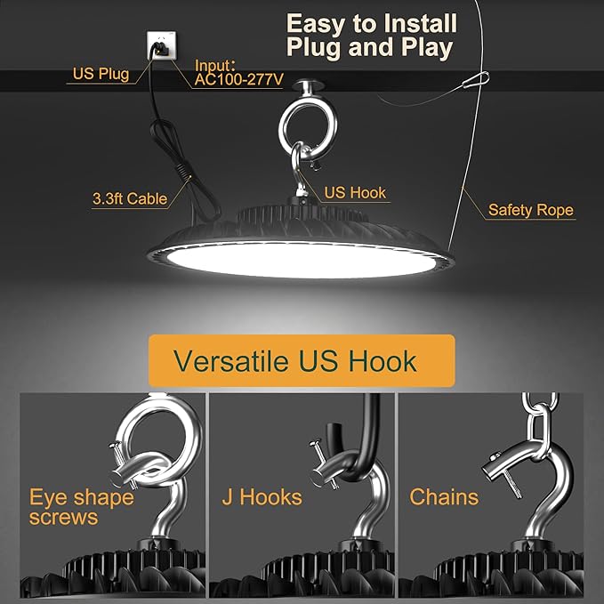 8Pack 250W LED High Bay Light, 37500LM (Eqv. to 1000W HPS/MH) High Bay LED Shop Lights, 5000K 𝐀𝐂𝟏𝟎𝟎-𝟐𝟕𝟕𝐕 UFO Commercial Light 𝟓𝐘𝐞𝐚𝐫𝐬 𝐖𝐚𝐫𝐫𝐚𝐧𝐭𝐲