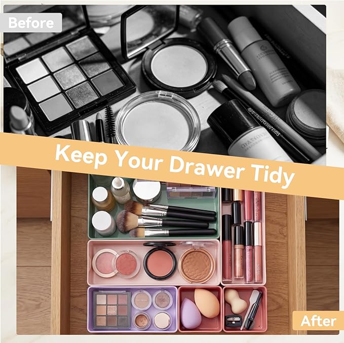 18 Pcs Drawer Organizer Stackable 4 Size Makeup Drawer Organizer Trays Acrylic Bathroom Vanity Storage Bins for Cosmetic, Jewelries, Office Supply, Kitchen Utensils(Multicolor,Glossy)