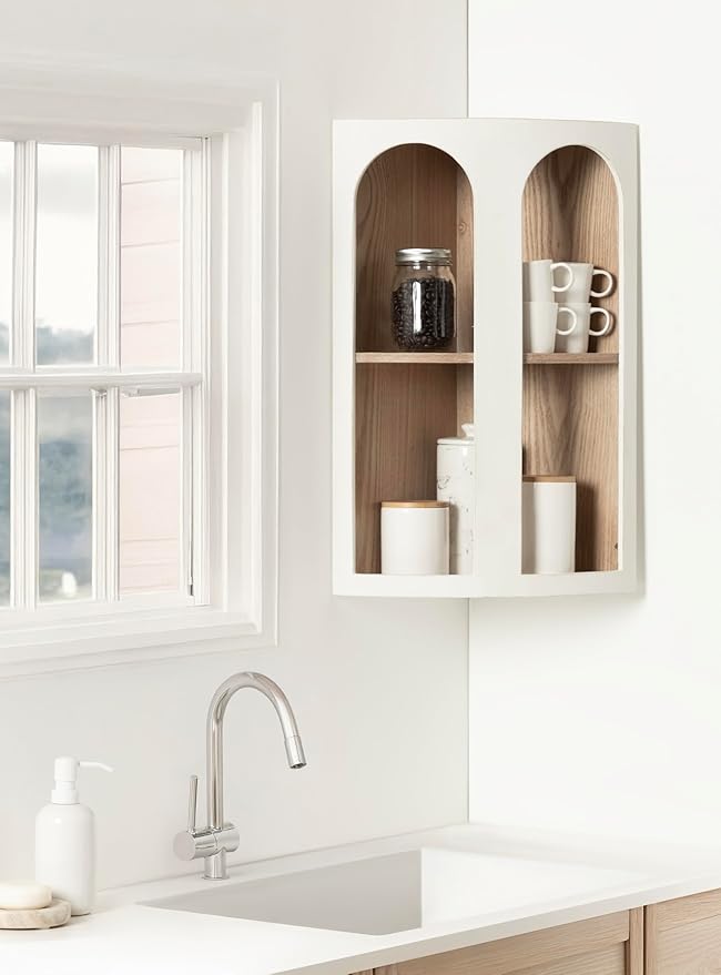 Kate and Laurel Elloree Modern Corner Shelf Cabinet for Storage and Display, 16 x 11 x 24, White and Natural, Transitional Corner Storage for Use as Living Room Shelving or Bedroom Storage Design