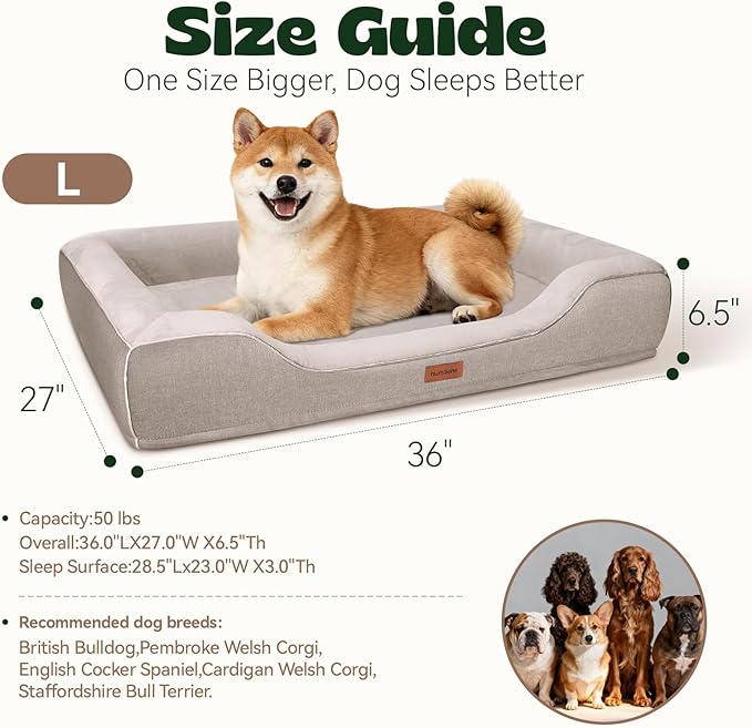 Cooling Dog Beds for Large Dogs with Removable Faux Fur Washable Covers,Waterproof Orthopedic Pet Couch Bed with Cool Gel Memory Foam and Bolster Side for Senior Pets,36" x 27" x 6.5" Beige
