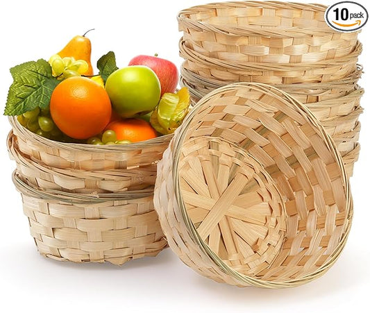 TOPZEA 10 Pack Round Gift Baskets, 8 Inch Natural Bamboo Woven Fruit Basket, Small Wicker Bread Roll Serving Basket, Food Storage Bin Handmade Baskets for Kitchen Restaurant Centerpiece Christmas