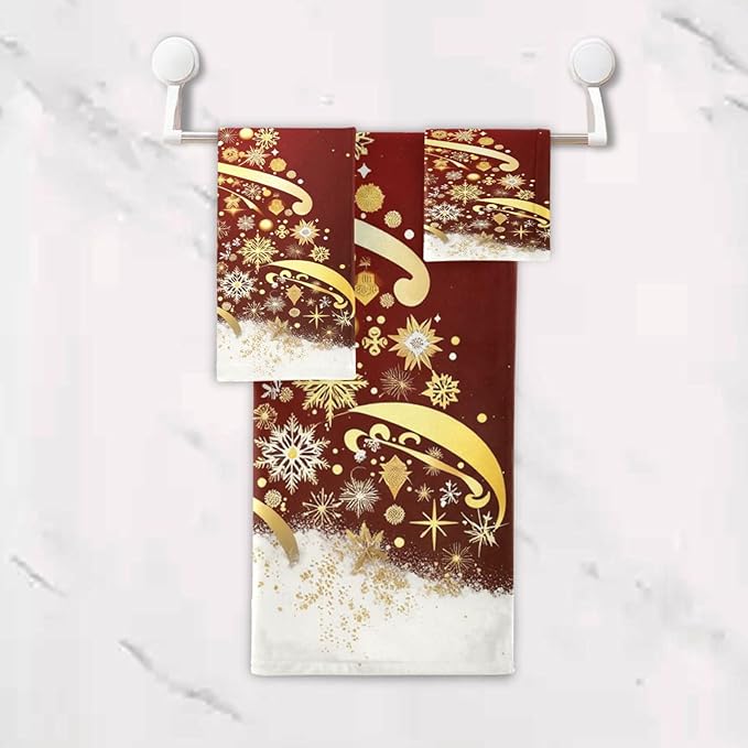 Golden Snowflakes Christmas Tree Forest Towels Set of 3 Winter Red Snowy Christmas Bathroom Towel Soft Absorbent Bath Hand Towels Washcloth Guest Towel Sets Xmas Holiday Decor