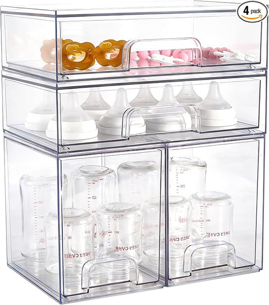 Baby Bottle Organizer, 4 Pack Clear Space-Saving Stackable Drawer with Handle, Baby Bottle Storage Organizer for Countertop and Cabinet