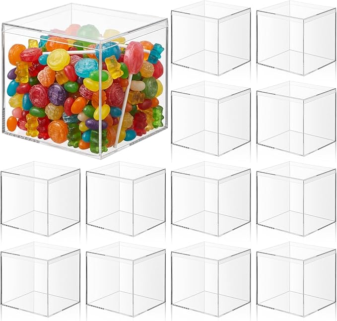 12 Pcs Clear Acrylic Box with Lid, 4 x 4 Inch Square Decorative Storage Container for Candy, Little Trinkets, and Jewelry Display