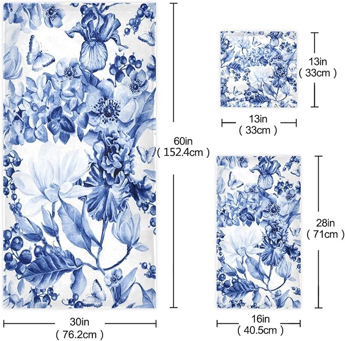 3 Piece Navy Blue Floral Bath Towels Set,Microfiber Absorbent Blue Magnolia Flower Berries Butterfly Towels for Bathroom,1 Bath Towel,1 Hand Towel,1 Washcloth,Decorative Bathroom Towels