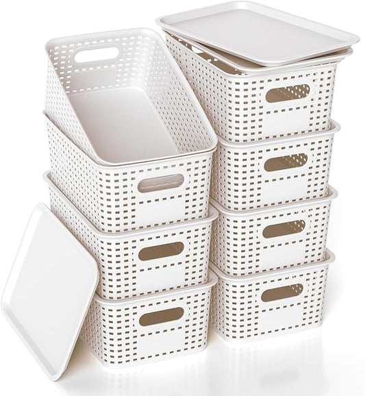 Plastic Storage Basket with Lid, Stackable Small Box Bins for Organizing and Containers for Shelves Drawers Desktop Closet Playroom Pantry Classroom Office Home, 8 Pack 10.2x7.2x4.1 Inch, White