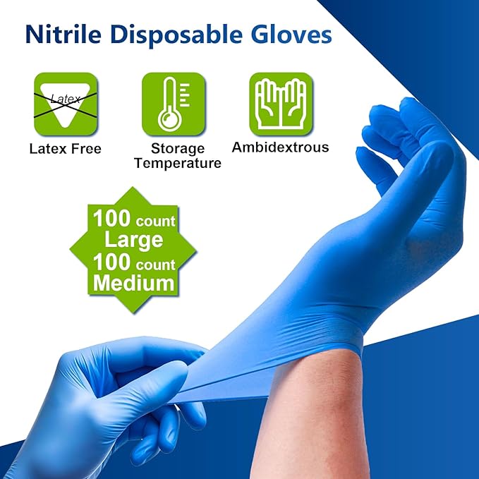 200 Count Nitrile Gloves Disposable Latex Free - Assorted Sizes Disposable Gloves, Cleaning, Kitchen, Fix, Food Prep, Protective(Blue, Large 100 Count + Medium 100 Count)