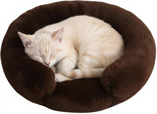 Fluffy Dog Bed Calming Donut Beds for Large Dogs Warming Round Small Medium Pet Nest Cozy Cat Mattress Indoor Washable Puppy Kennel Kittens Sleep Mat (XS, 20×20 inch, Brown)
