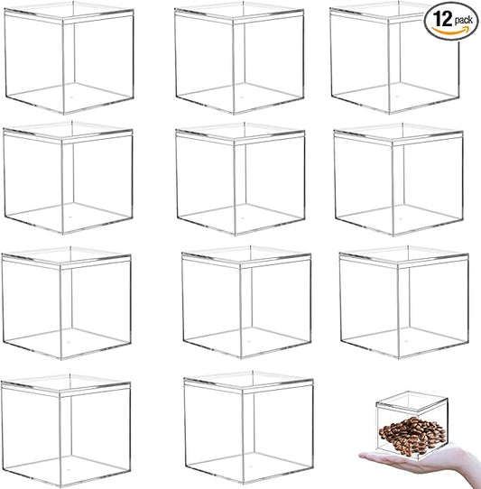 KissYou Acrylic Box 12 Packs Clear Boxes with Lids Plastic Square Cube for Display Small Storage Boxes Birthday Easter Party Favor Candy Boxes