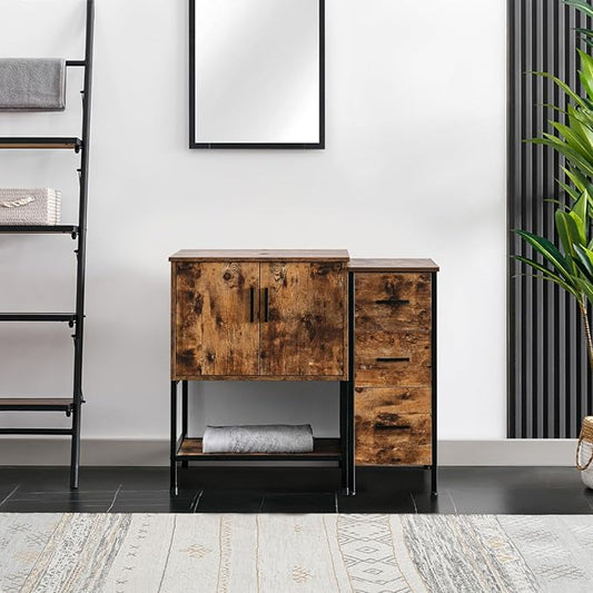 eclife 36" Bathroom Vanity Sink Combo Modern Metal Stand Cabinet W/Bottom Shelf & Storage Side Cabinet, Rustic Brown (Without Sink)