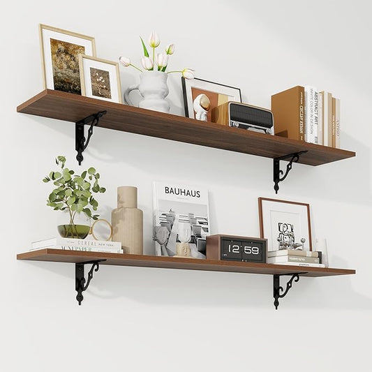 RICHFOCUS Floating Shelves for Wall Decor, 47.3W x 8D Shelves Set of 2, 8 Inch Deep Rustic Wood Shelves Wall Mounted with Brackets, Long Floating Shelves for Living Room Bedroom Kitchen, Walnut
