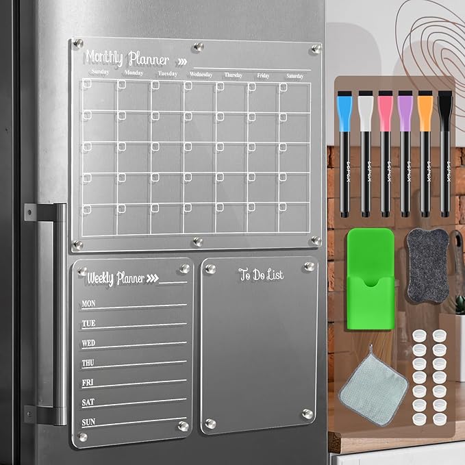 Acrylic Magnetic Dry Erase Board for Fridge，Set of 3 Transparent Planning Boards for Monthly Calendar, Weekly Includes 6 Dry Erase Markers, 1 Eraser and Magnetic Pen Holder