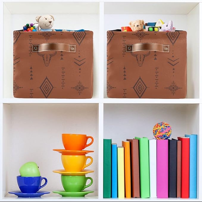 Western Bull Boho Rectangle Storage Basket Collapsible Storage Bin for Nursery Books Waterproof Baskets for Closet Shelves Bedroom Decor, 1 Pack