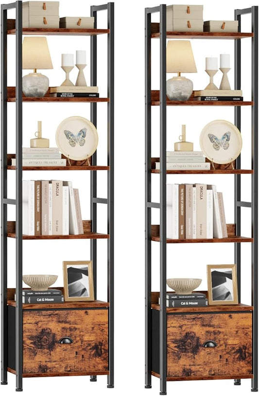 Furologee Book Shelf Set of 2, 6 Tier Tall Shelf with Drawer, Bookshelves and Bookcases Set of 2, Industrial Display Shelving Unit for Bedroom, Living Room, Home Office, Rustic Brown