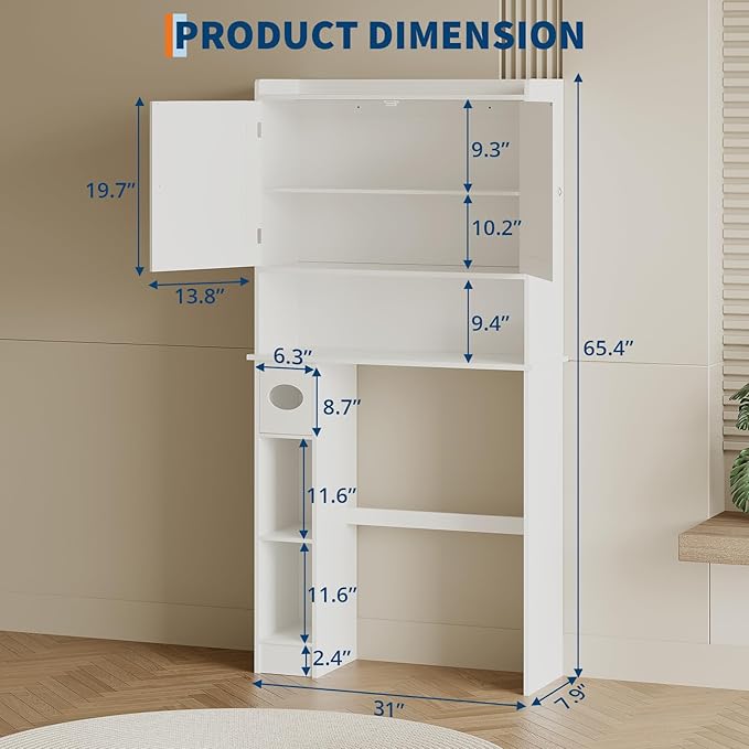 Over The Toilet Storage Cabinet with Toilet Paper Holder Double Door Bathroom Organizer with Adjustable Shelves Freestanding Bathroom Shelf Toilet Storage Cabinet Space-Saving Toilet Rack, White