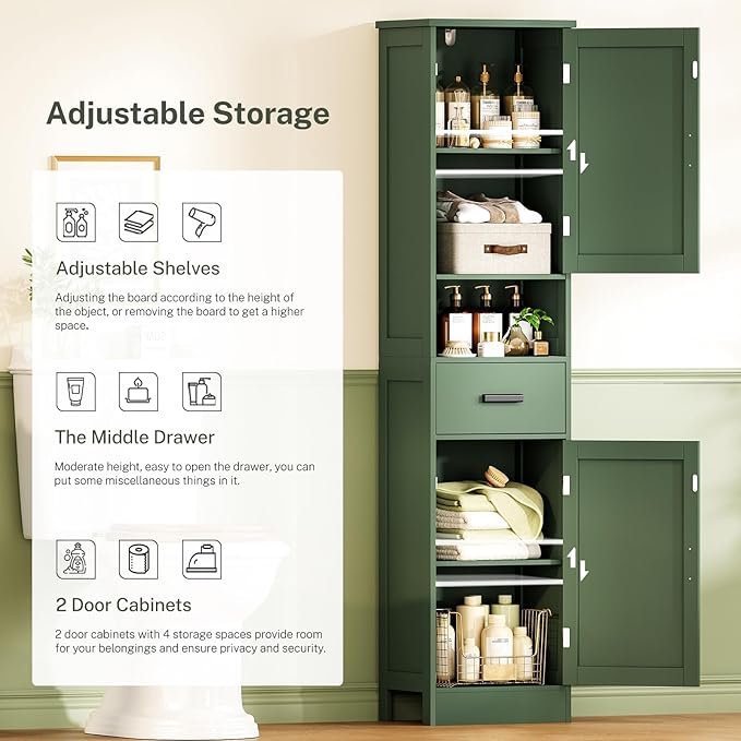 TEENFON 67" H Tall Bathroom Storage Cabinet with Barn Doors and Drawer, Narrow Bathroom Cabinet, Narrow Storage Unit, Adjustable Shelves, Floor Cabinets for Living Room, Forest Green
