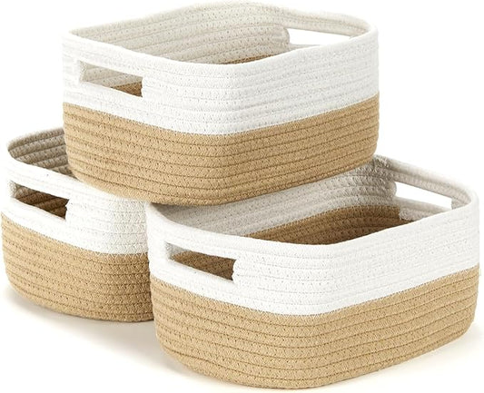 Bidtakay Small Cotton Rope Storage Baskets for Organizing 3 Pack Woven Baskets for Storage Closet Organizer Bins for Shleves 11.8×7.8×5 inch Cute Boho Decorative Basket with Handles - White&Beige