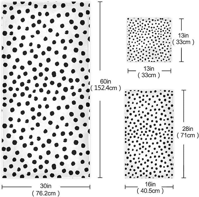 3 Piece White Black Polka Dot Bath Towel Set,Microfiber Decorative Vintage Black Spots Doodle Pattern Modern Bathroom Towels,1 Bath Towel 1 Hand Towel for Bathroom Kitchen,1 Washcloth for Face