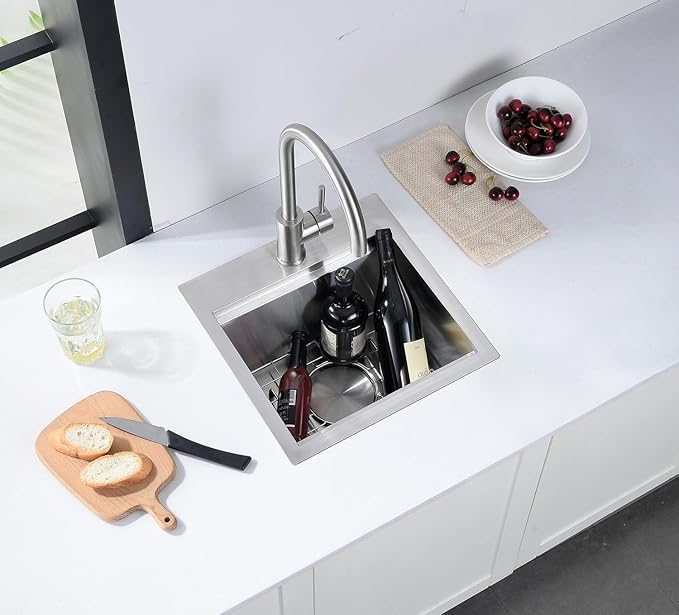 Stainless Steel Drop-In Bar Sink 15x15 Inches Single Bowl Small Workstation Kitchen Sink, Doirteal Top Mount 15 Inch Bar Sinks Outdoor Wet Bar Prep Sinks With Accessories