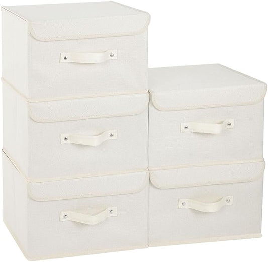 Fabric Storage Bins Cube Organizers with Flip-Top Lid and Handles,Storage Boxes for Organizing Home,Office,and Closet,Beige,5 Pack 13 X 9.1 X 7.9 in
