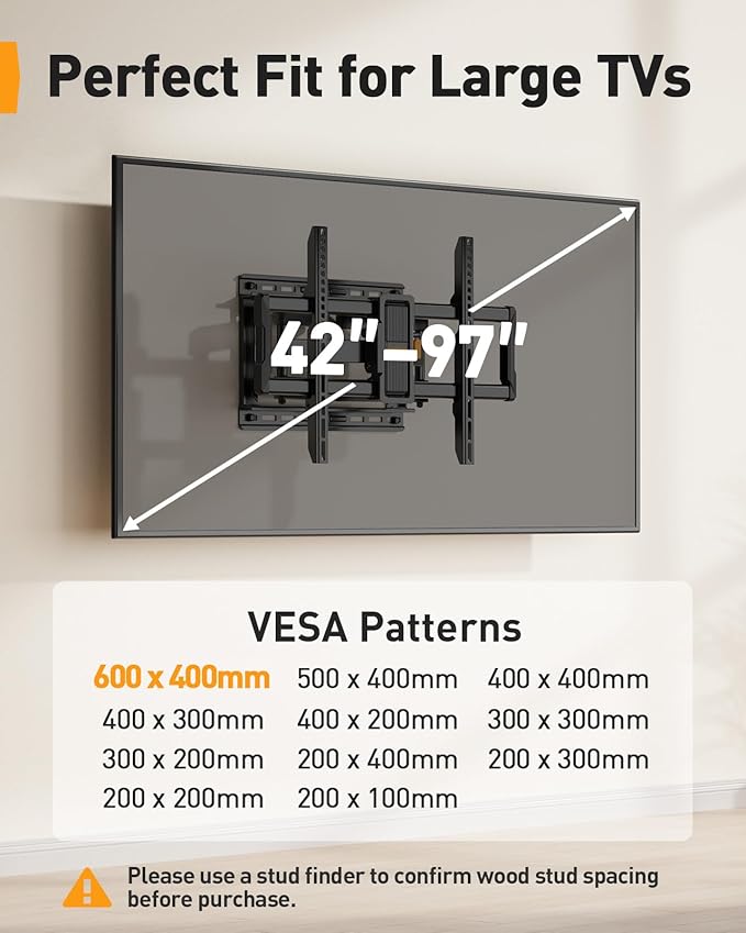 Perlegear UL-Listed Full Motion TV Wall Mount for 42–97 Inch Flat Curved TVs up to 132 lbs, 12″/16″ Wood Studs, TV Mount Bracket with Tool-Free Tilt, Swivel, Extension, Max VESA 600 x 400mm, PGLF15