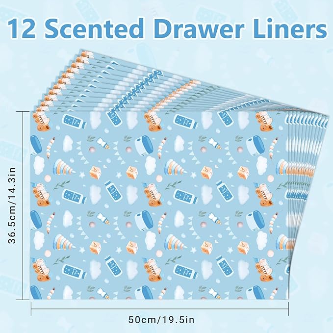 SCENTORINI Scented Drawer Liners for Dresser, 12 Sheets Baby Powder Scent Drawer Paper Liners,14.3x19.5 Inch Scented Paper Sheets for Home Shelf Closet Bedroom Drawers